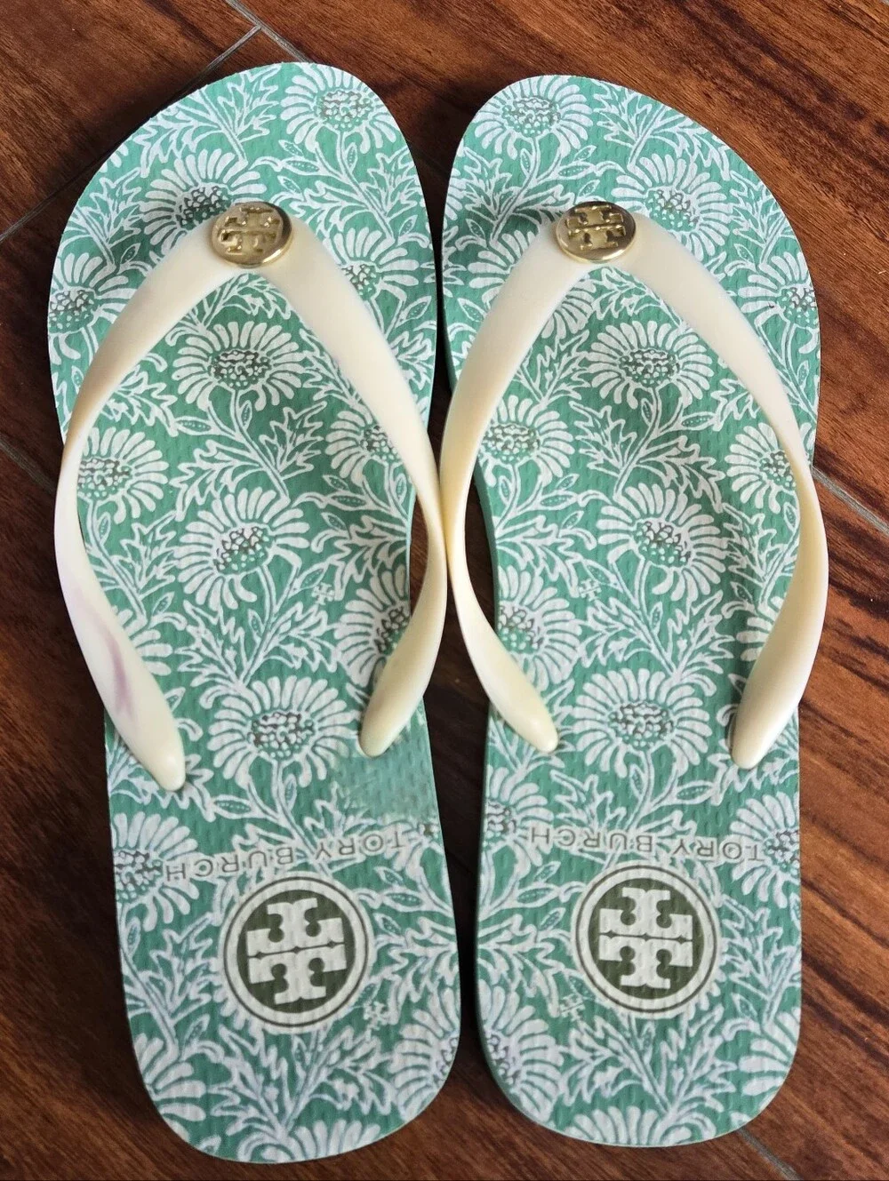 Tory Burch Logo Floral Green & Cream Flip Flops